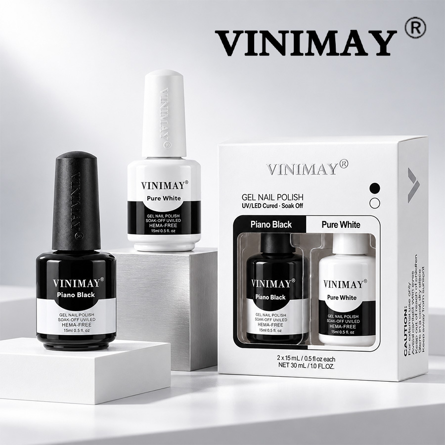 Set de gel lac pentru unghii Vinimay Super Negru și Alb, conform standardelor UE, fără HEMA și fără TPO, livrare rapidă, gel bază clasic și gel color pentru artă unghii