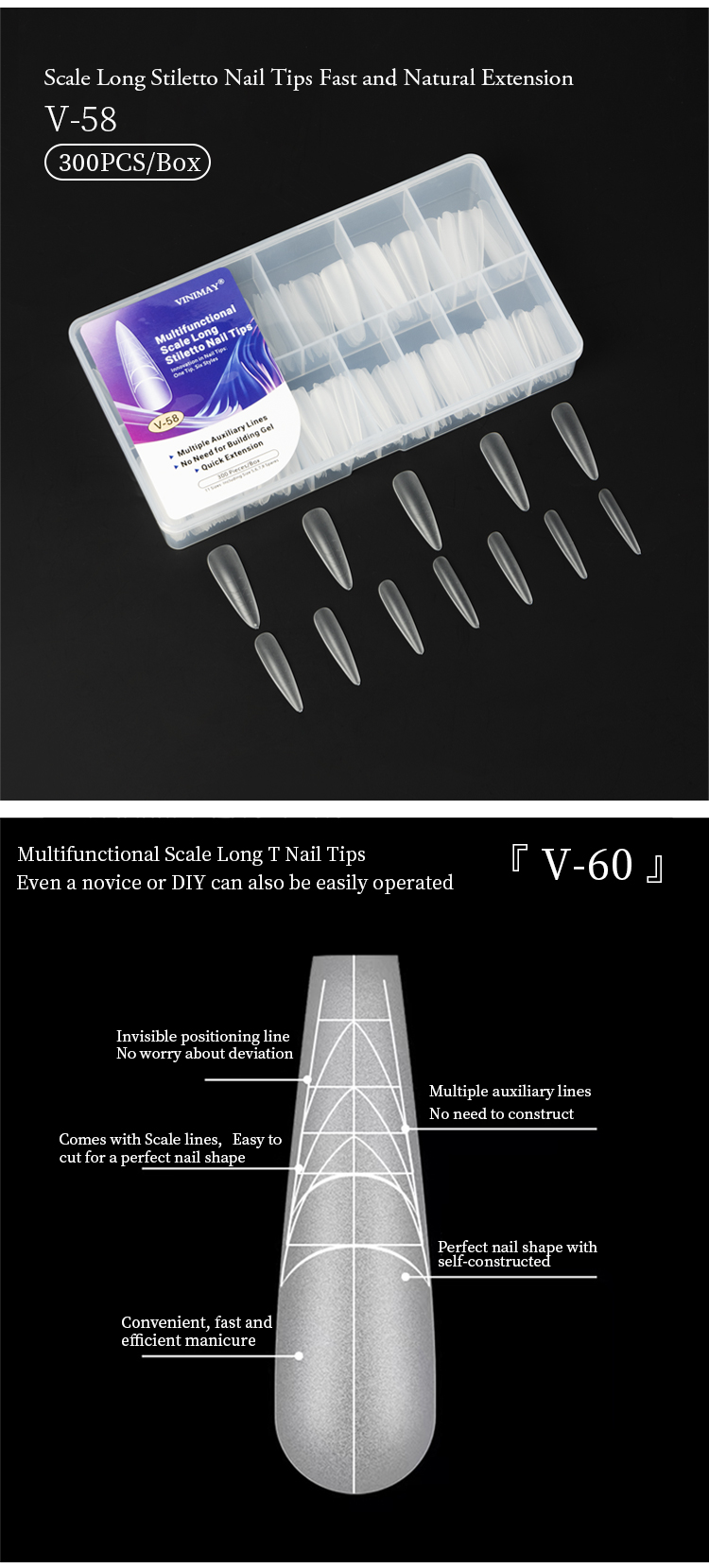 multifunctional scale long t stiletto nail tips with auxiliary lines-6