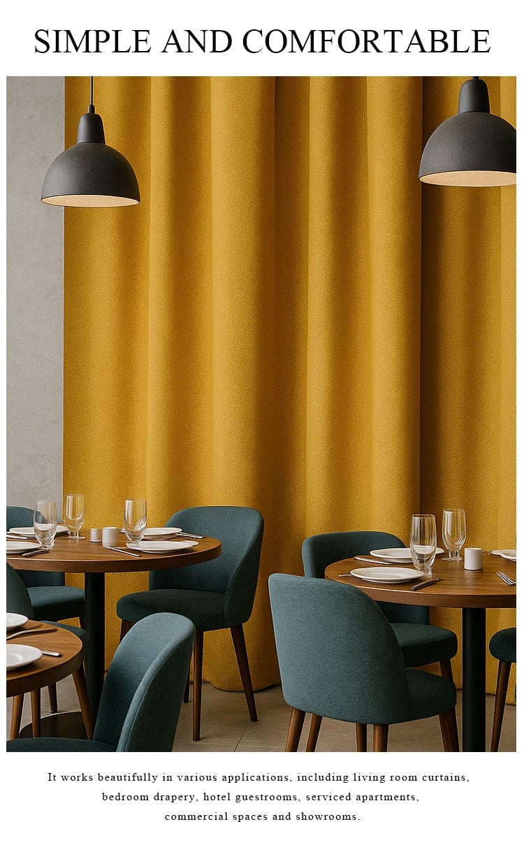 Mustard curtains in a restaurant-style interior, showing rich texture and soft drape behind dining tables