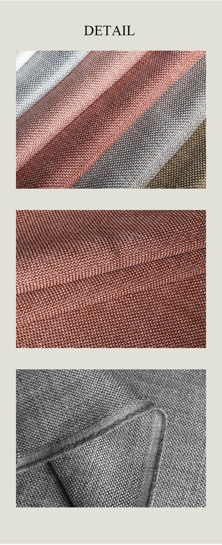 Detail collage of striped textured fabric—multi-color close-ups, ribbed surface, and folded edge finish