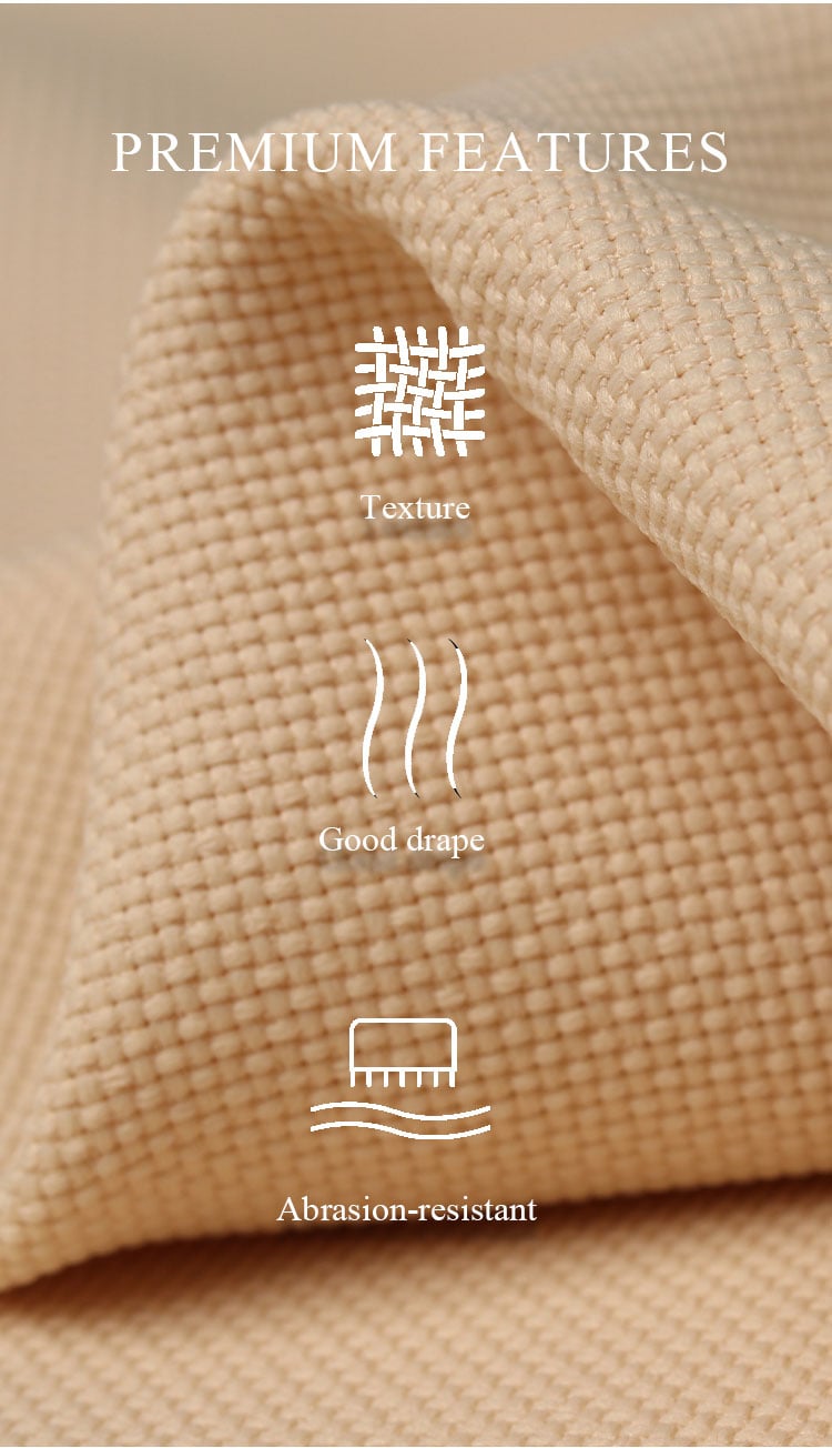 Premium features of textured curtain fabric—visible weave texture, good drape, abrasion-resistant surface