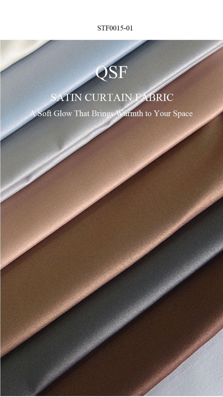 QSF satin curtain fabric STF0015-01, multi-color satin folds showing soft glow and smooth sheen