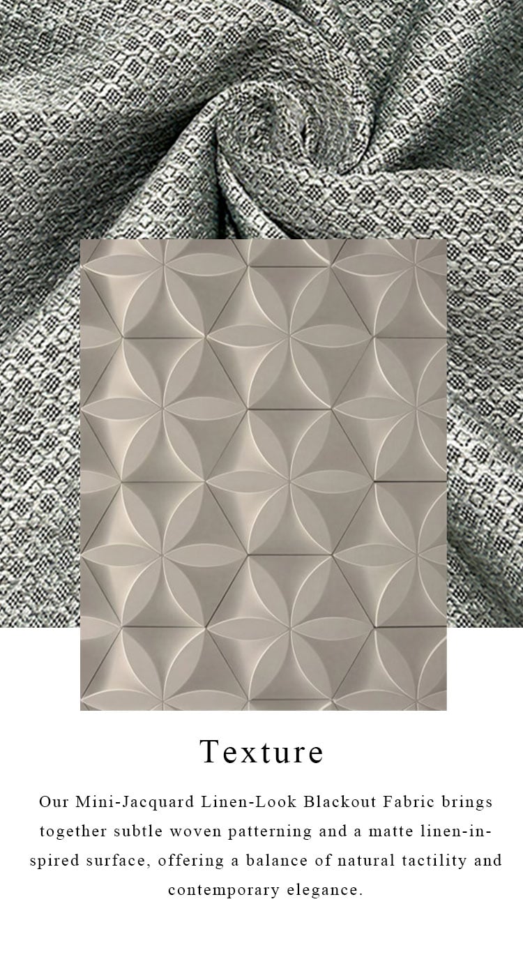 Texture concept—mini-jacquard linen-look blackout fabric with subtle woven pattern and modern geometric inspiration
