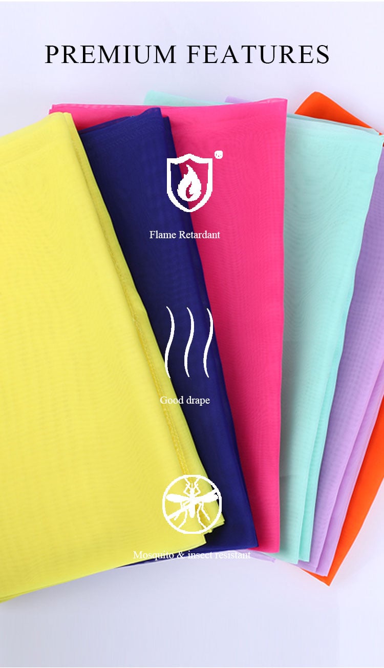 :Premium features of terylene sheer curtain fabric: flame retardant, good drape, and mosquito & insect resistant (icon highlights).
