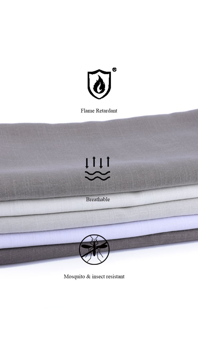 Bamboo pattern sheer fabric with premium features icons — flame retardant, breathable, and mosquito & insect resistant properties.