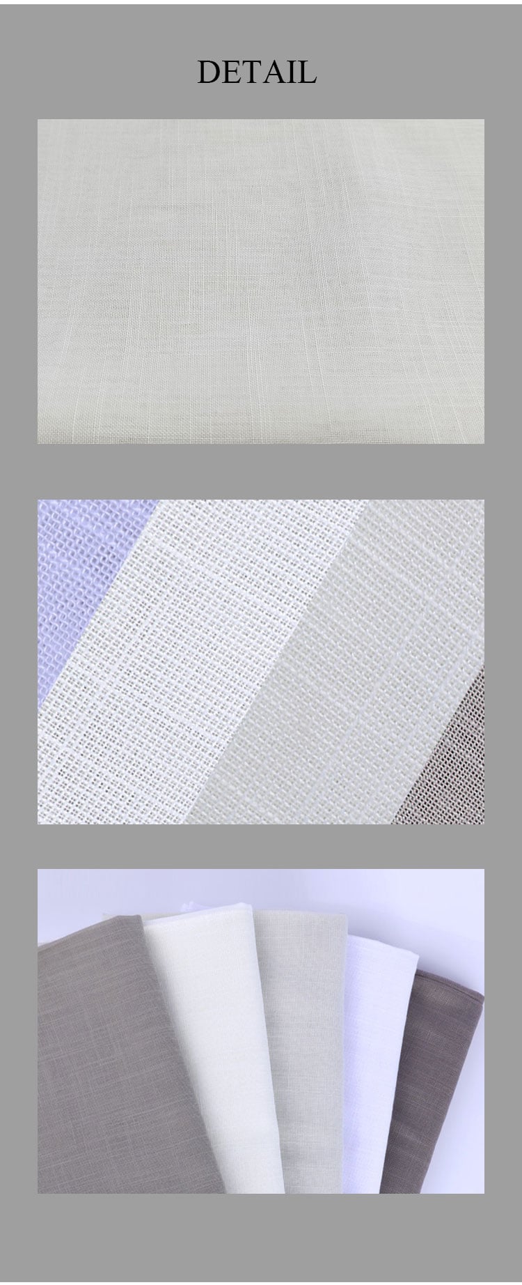 Bamboo slub sheer fabric details showing close-up weave texture, breathable structure, and multiple neutral color options stacked together.