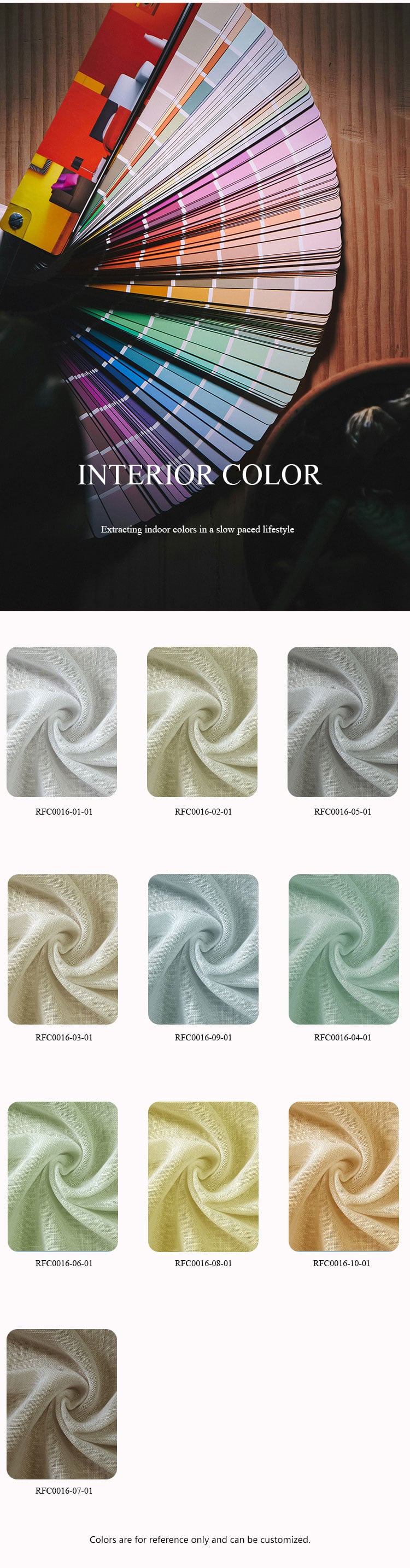 Interior color collection for RFC0016 yarn-dyed sheer fabric, showing ten customizable shades from beige to sage green.