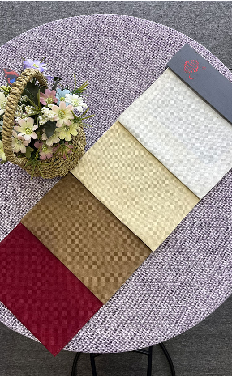 Curtain fabric color swatches set—off-white, cream, khaki and burgundy samples for interior matching