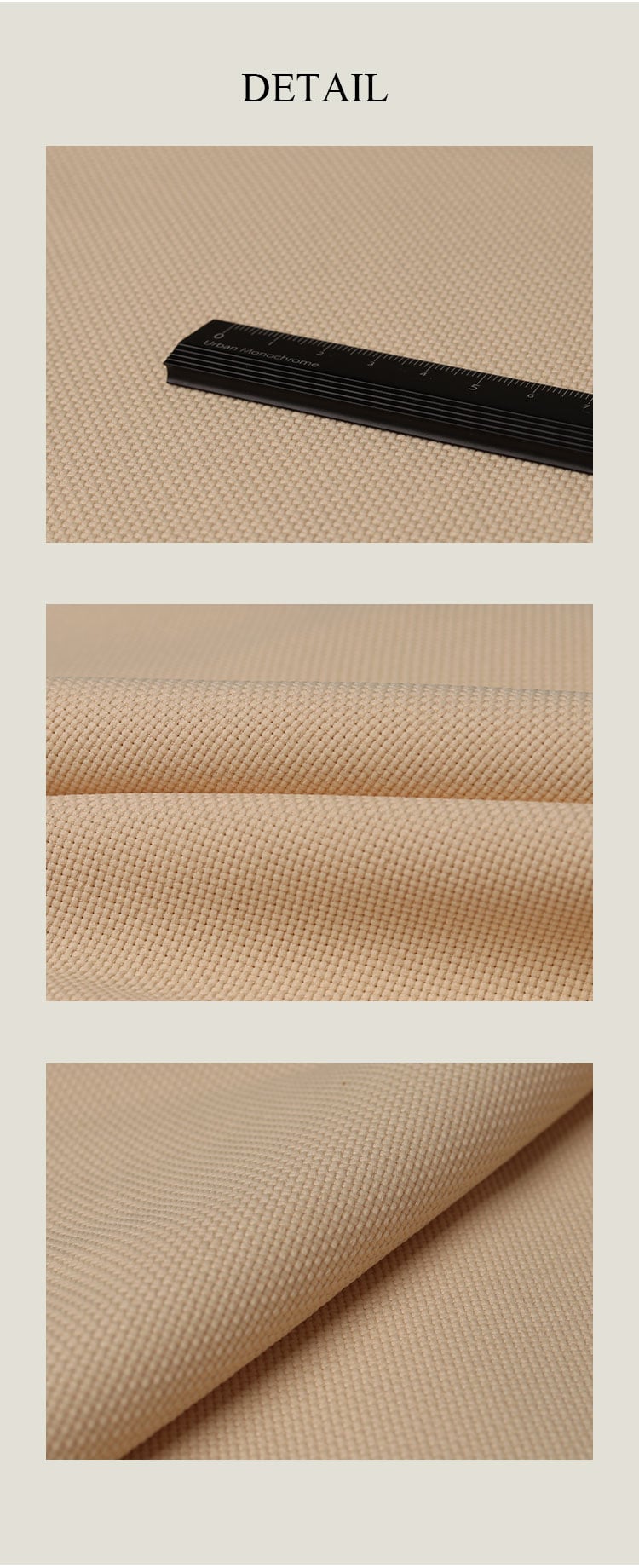 Detail views of checkerboard textured curtain fabric—ruler scale and close-up folds showing raised texture