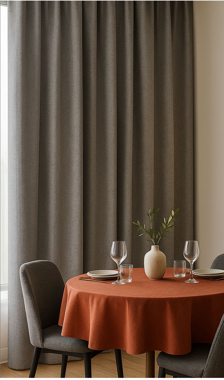 Brown-gray mini-check curtains in dining area, subtle texture and soft drape for cozy interiors