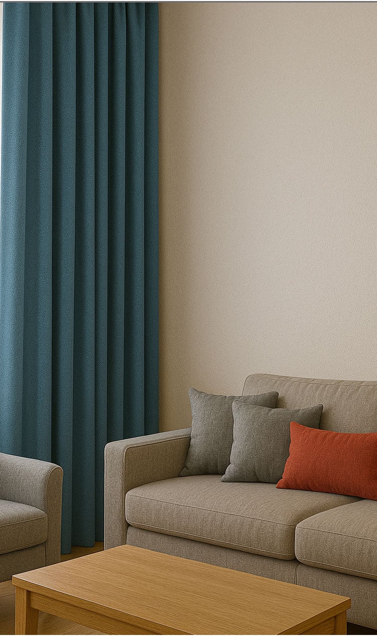 Blue-green mini-check curtains in living room, neat pleats with warm, timeless minimalist style