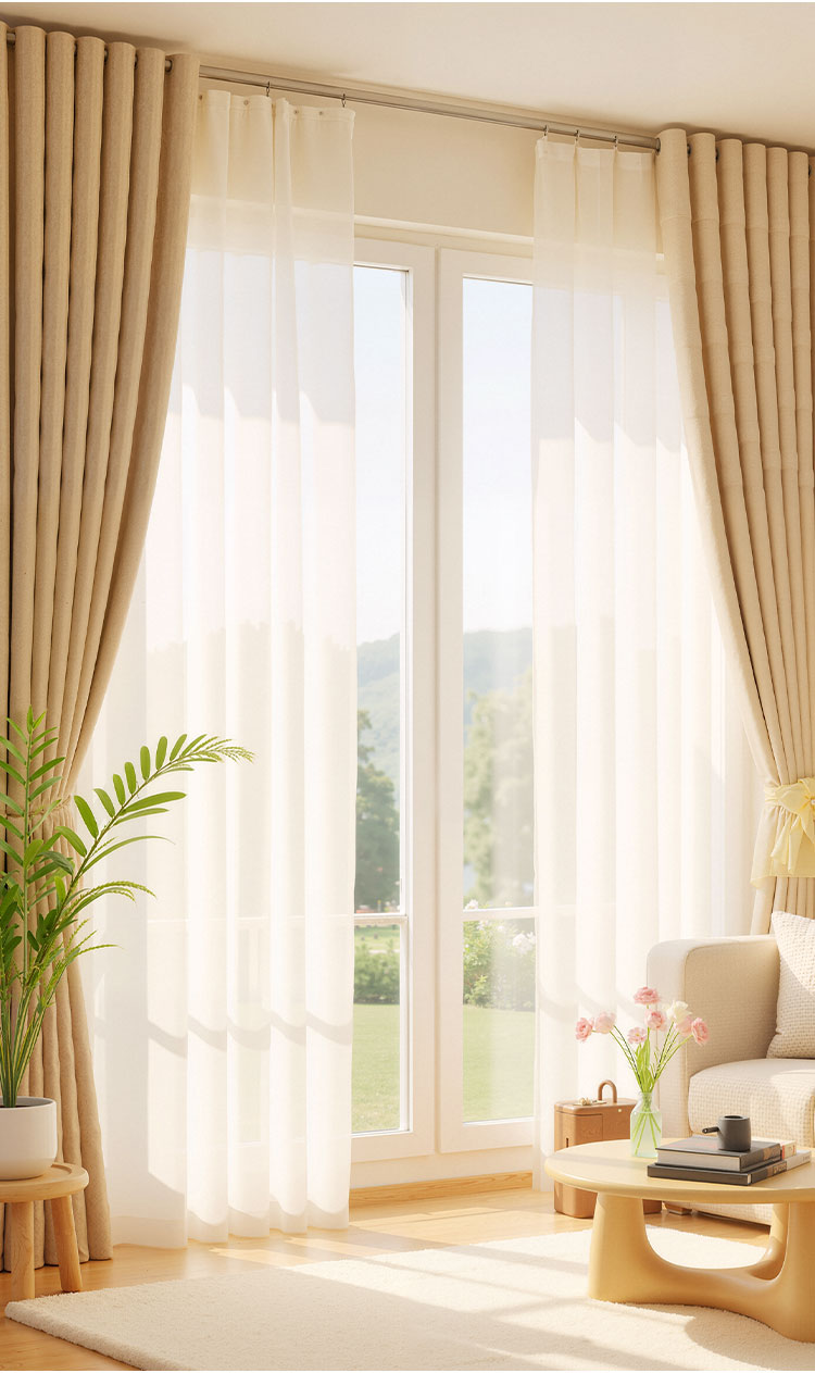 Bright window styling with sheer white curtains layered with beige textured drapes in a cozy living room