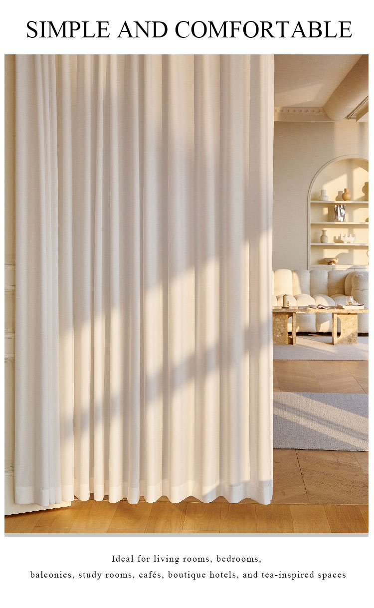 Cotton-feel bamboo slub sheer curtains in a warm minimalist living space, filtering sunlight for a calm and comfortable atmosphere.