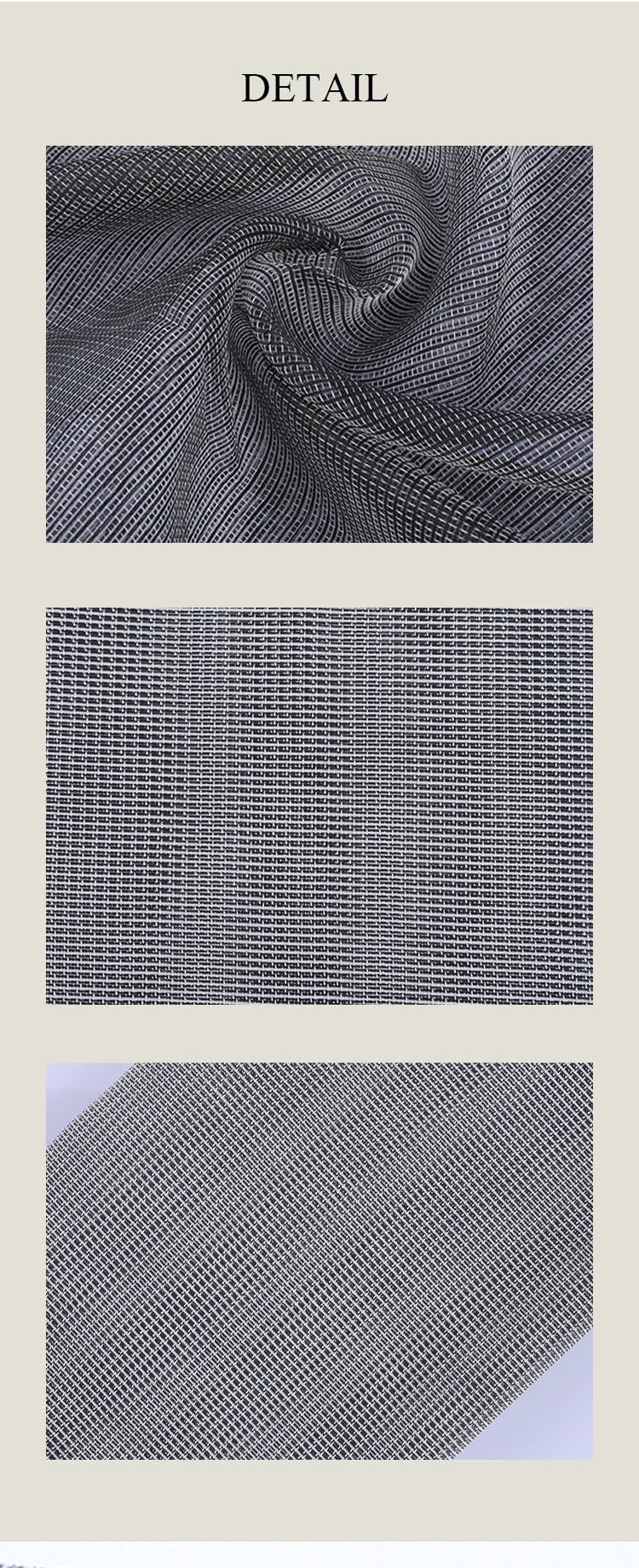 Sheer fabric details collage: swirl drape, clean hem edge, and hand-held transparency showing lightweight mesh.