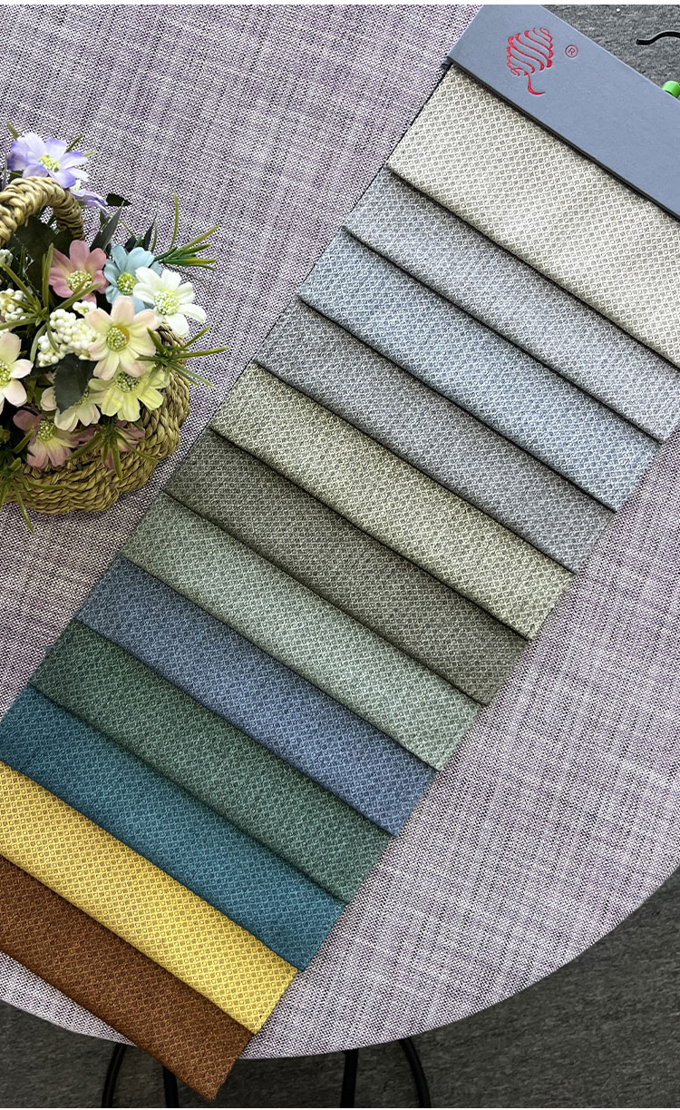 Mini-jacquard linen-look blackout fabric color swatches book—multiple neutral and accent colors for projects