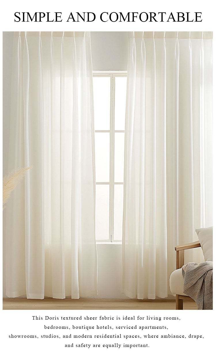 Doris textured sheer curtains in warm white filtering soft daylight, ideal for living rooms, bedrooms, boutique hotels, and modern residential interiors.