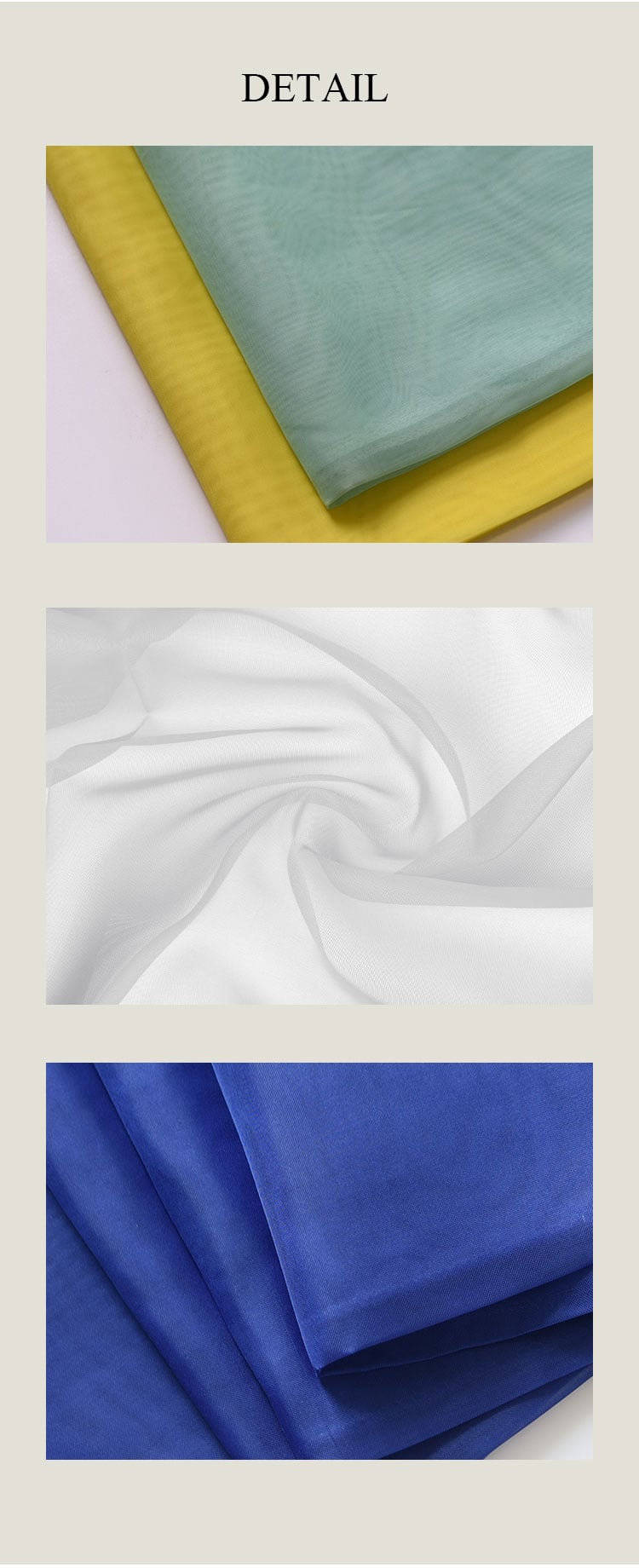 Close-up details of terylene sheer fabric—translucent weave, soft handfeel, and multiple color options shown in folds.