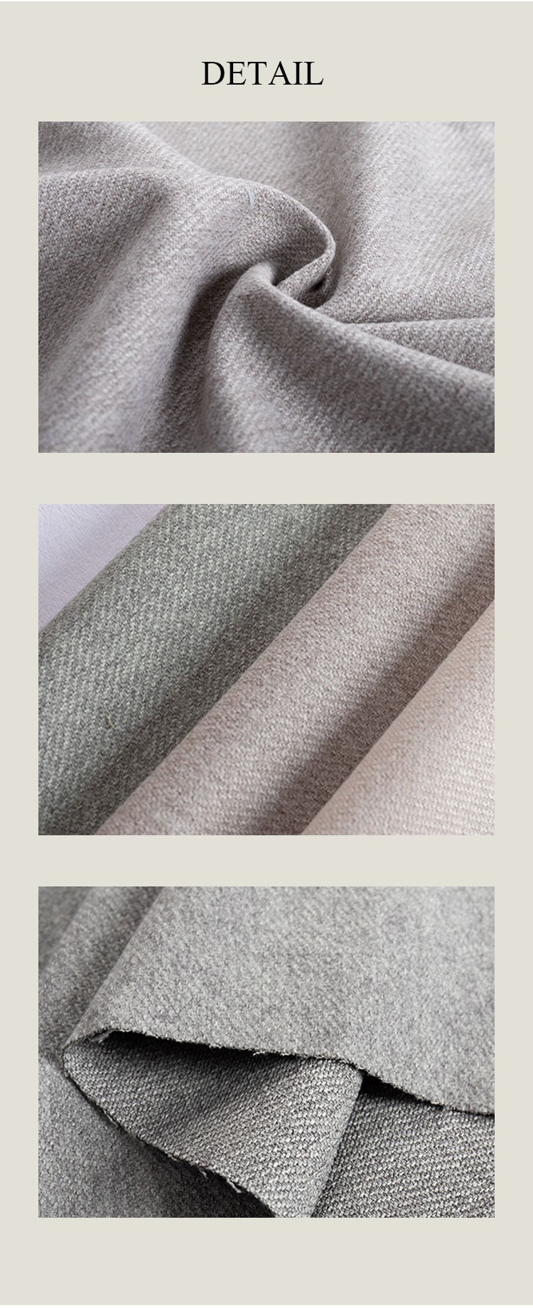 Detail collage of Faux Cashmere Twill fabric: soft touch, twill texture, and fabric thickness.