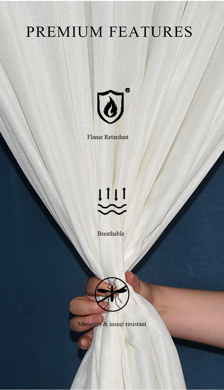 Premium features of bamboo slub sheer fabric shown with icons: flame retardant, breathable, and mosquito & insect resistant.