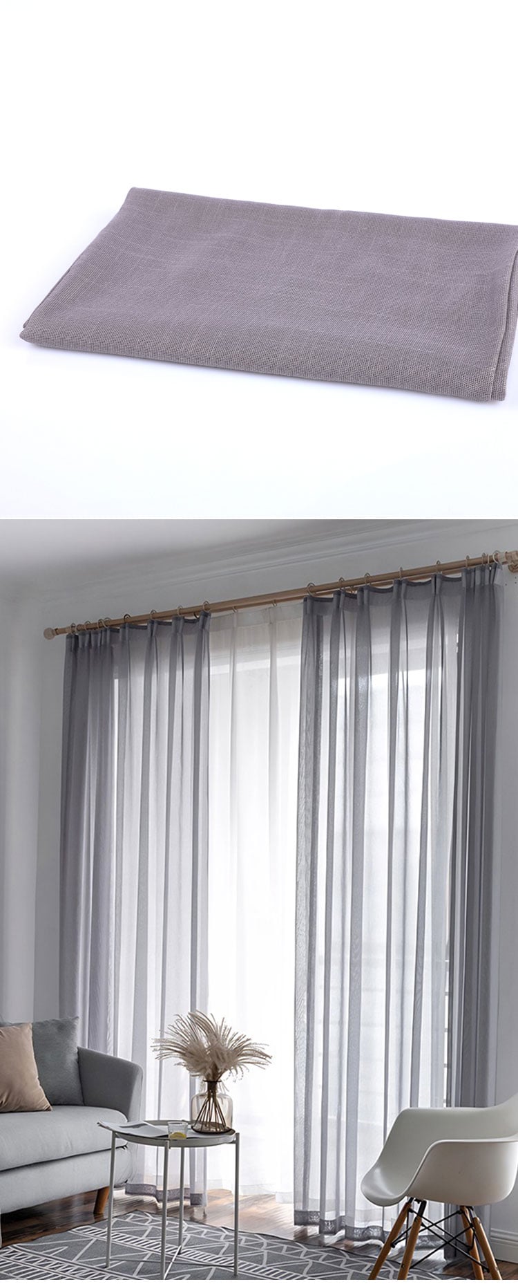Dark grey bamboo pattern sheer curtains paired with minimalist furniture, blending warmth and sophistication in modern interiors.