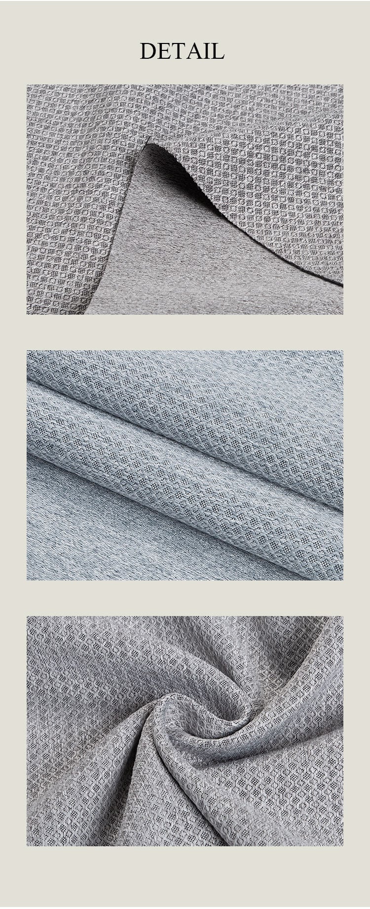 Mini-jacquard blackout fabric details—front jacquard pattern, backside backing, and drape twist close-up
