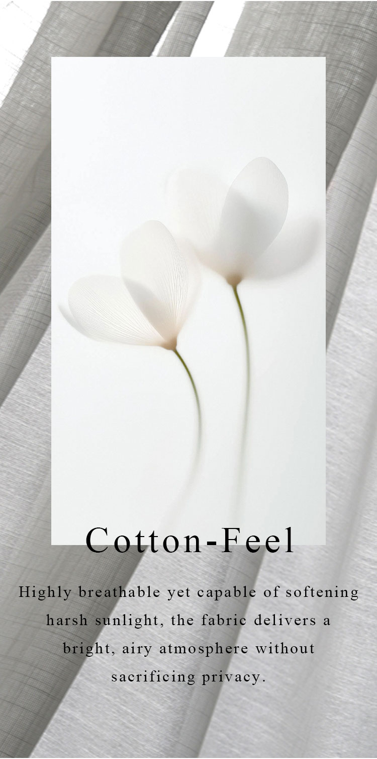 Cotton-feel bamboo slub sheer fabric lifestyle poster, highly breathable sheer that softens harsh sunlight while maintaining privacy.
