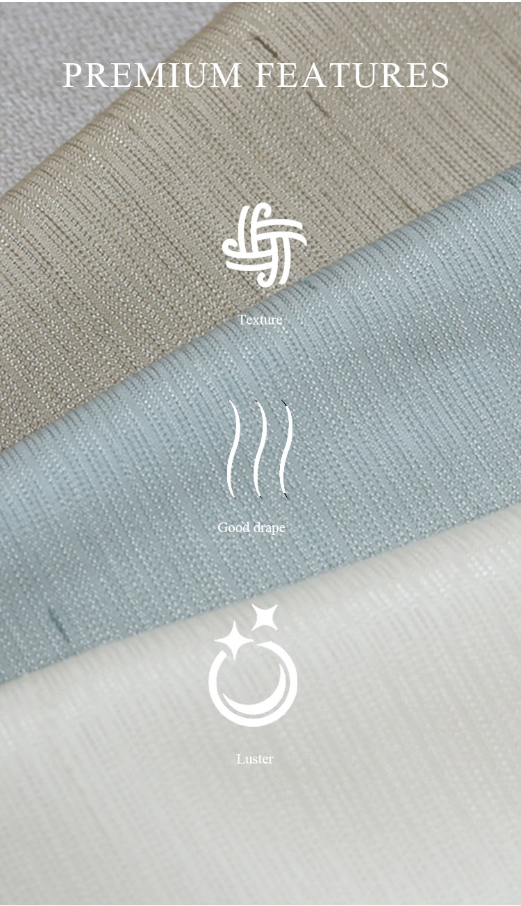 Premium features infographic for dark sheer fabric: flame retardant, good drape, mosquito & insect resistant