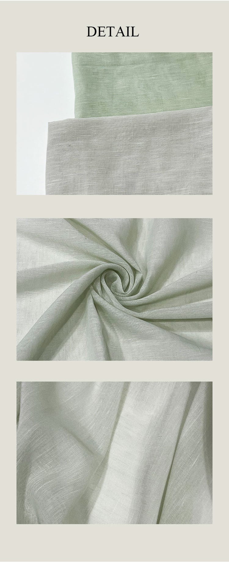 Fabric detail shots showing yarn-dyed sheer texture, twisted slub pattern, and smooth touch with elegant transparency.