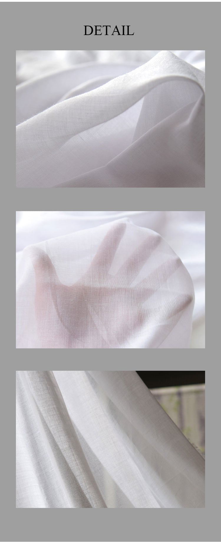 30S polyester sheer fabric detail collage showing fine texture, semi-sheer transparency, and smooth drape in close-up.