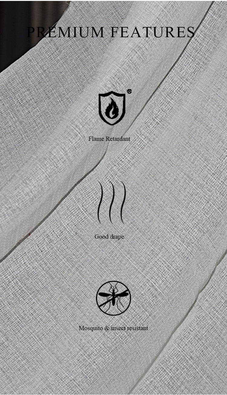Premium features of Doris textured sheer curtain — flame retardant, excellent drape, mosquito and insect resistant, suitable for commercial interiors.