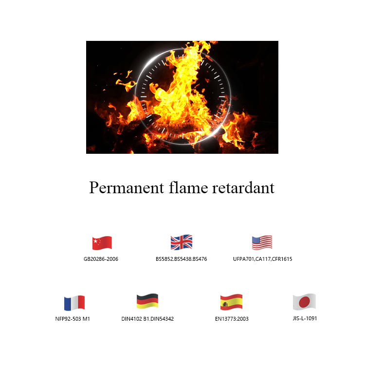Permanent flame-retardant fabric certified by BS5852, NFPA701, EN13773, B1, and M1 standards, ensuring safety and long-lasting performance.