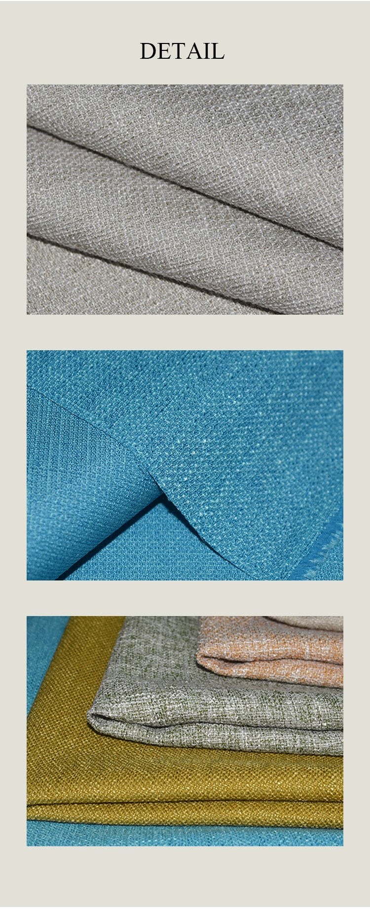 Heavy-slub curtain fabric details: grey texture, blue texture, and stacked fabric swatches.