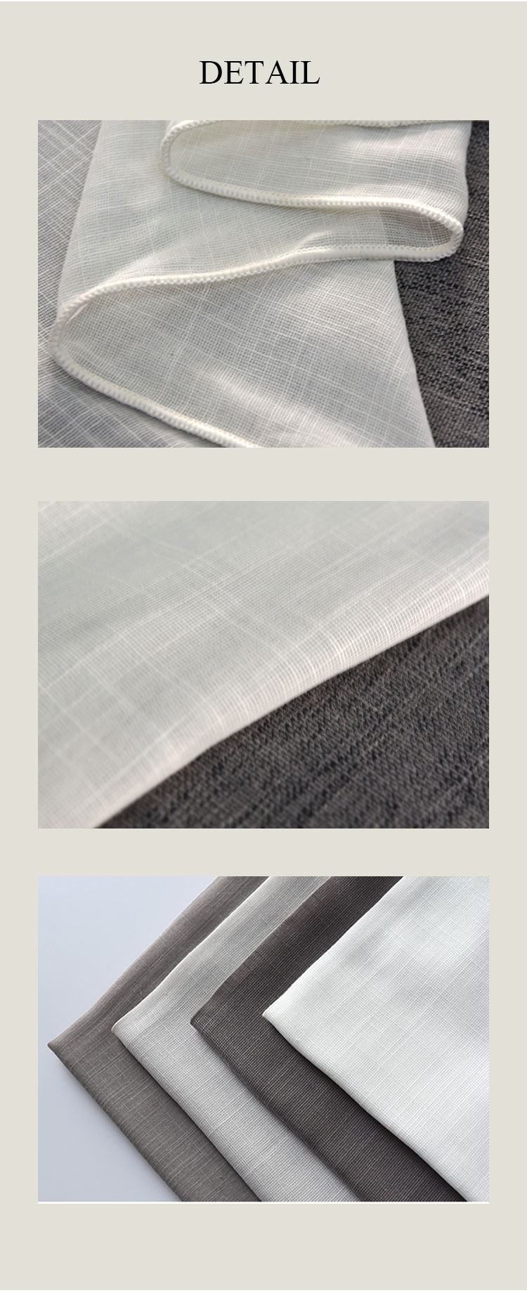Bamboo slub sheer fabric detail: clean stitched edge, textured weave close-up, and multiple neutral color options stacked together.