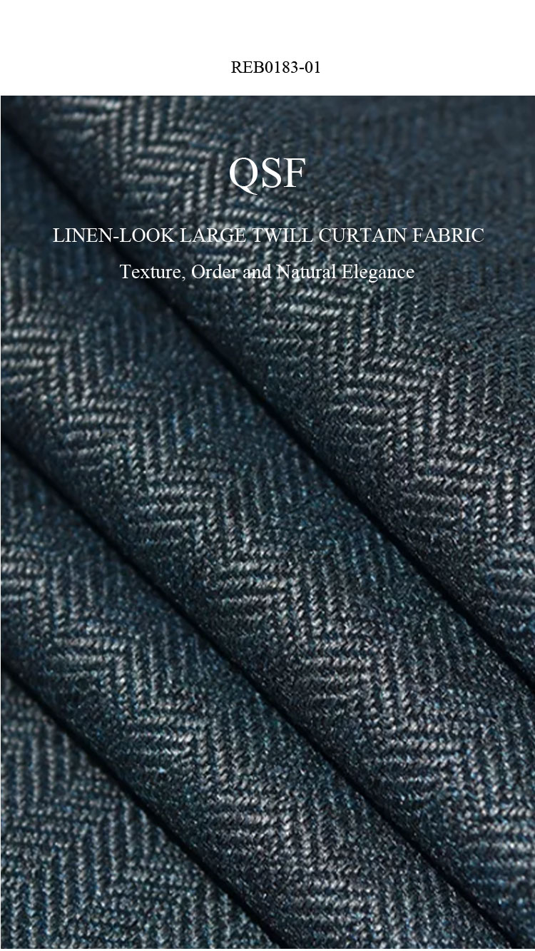 QSF linen-look large twill curtain fabric REB0183-01, dark teal herringbone twill texture close-up