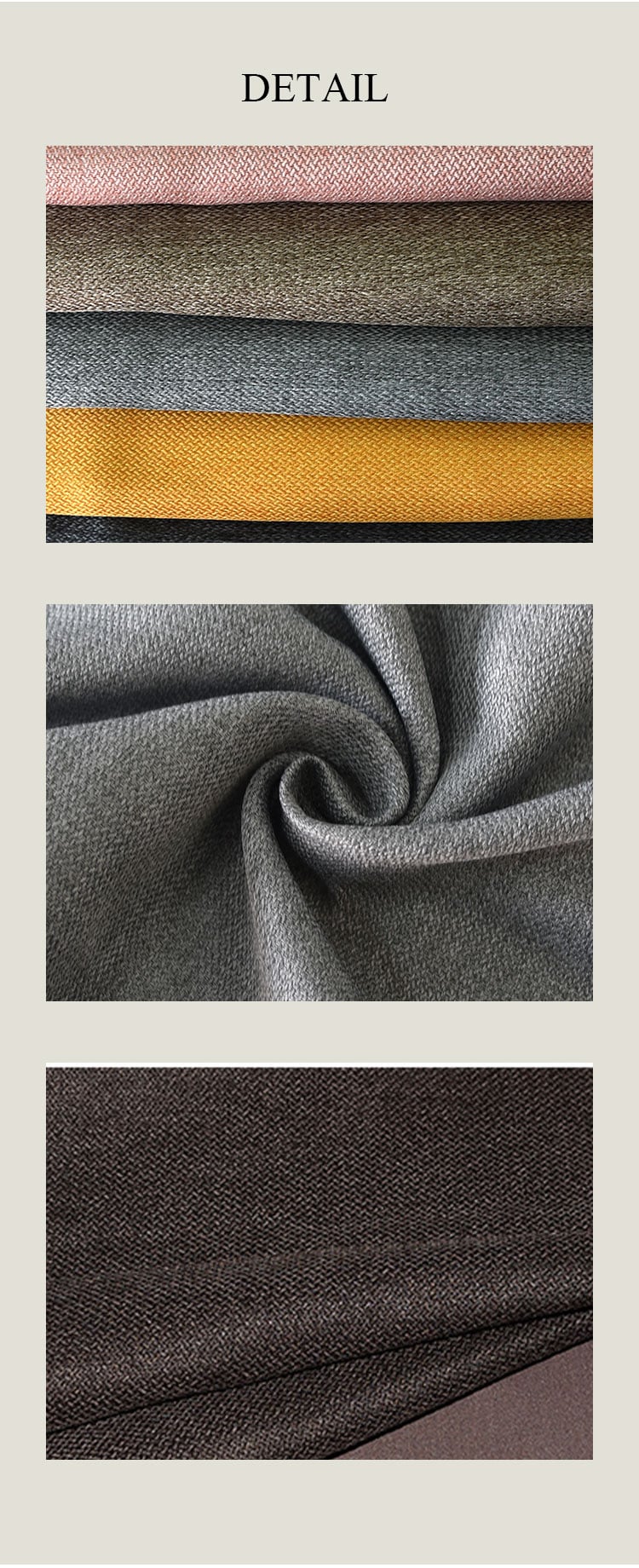 Brocade-linen blackout fabric details—color layers, twisted fold close-up, and textured surface structure