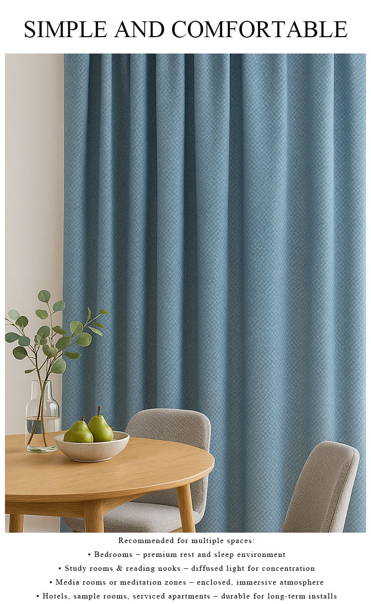 Blue mini-jacquard linen-look blackout curtains in dining area, calm texture with soft light control
