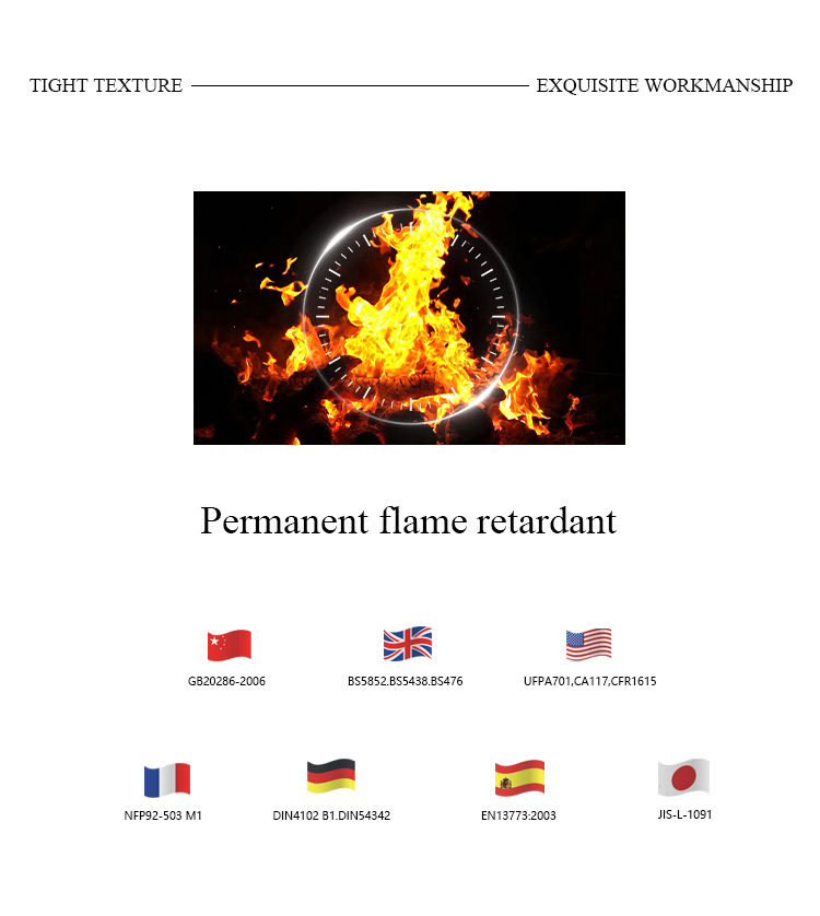 Permanent flame-retardant fabric certified by BS5852, NFPA701, EN13773, B1, and M1 standards, ensuring safety and long-lasting performance.