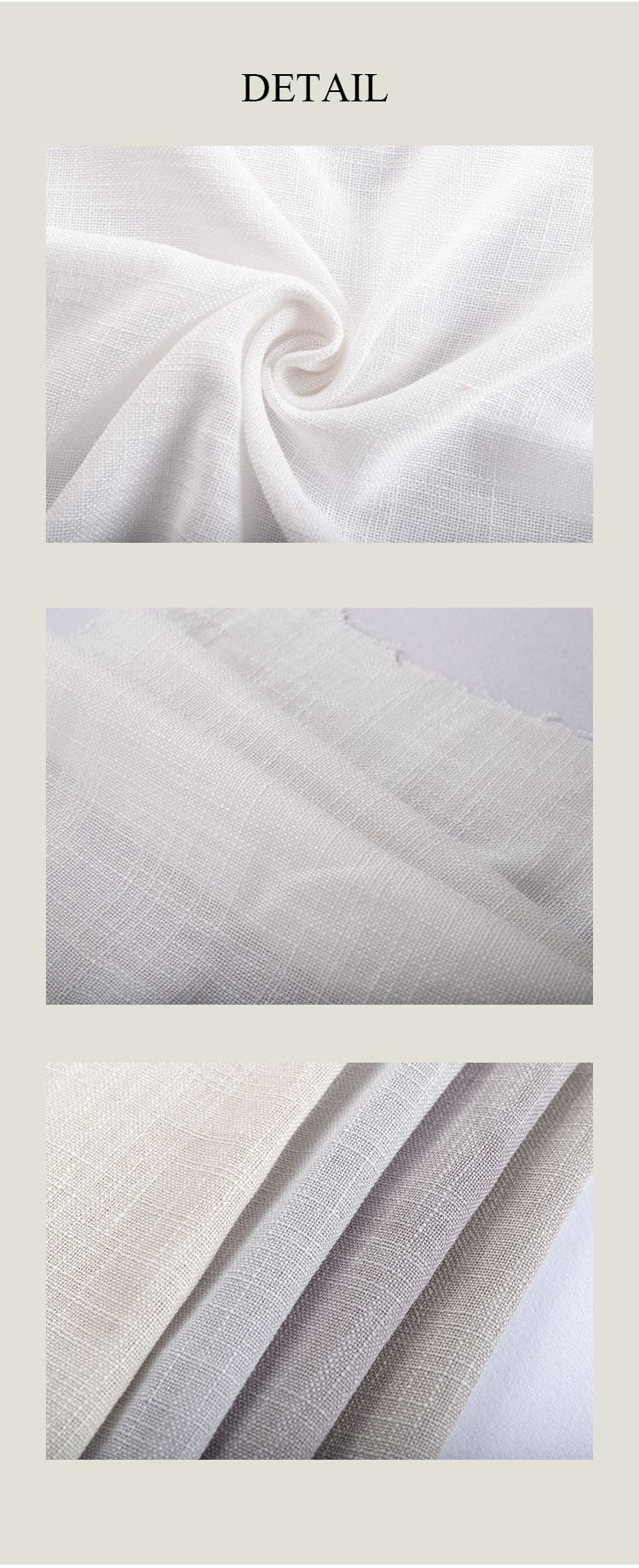 Heavy-denier slub sheer fabric details: soft swirl drape close-up, textured slub weave, and neutral color options stacked together.