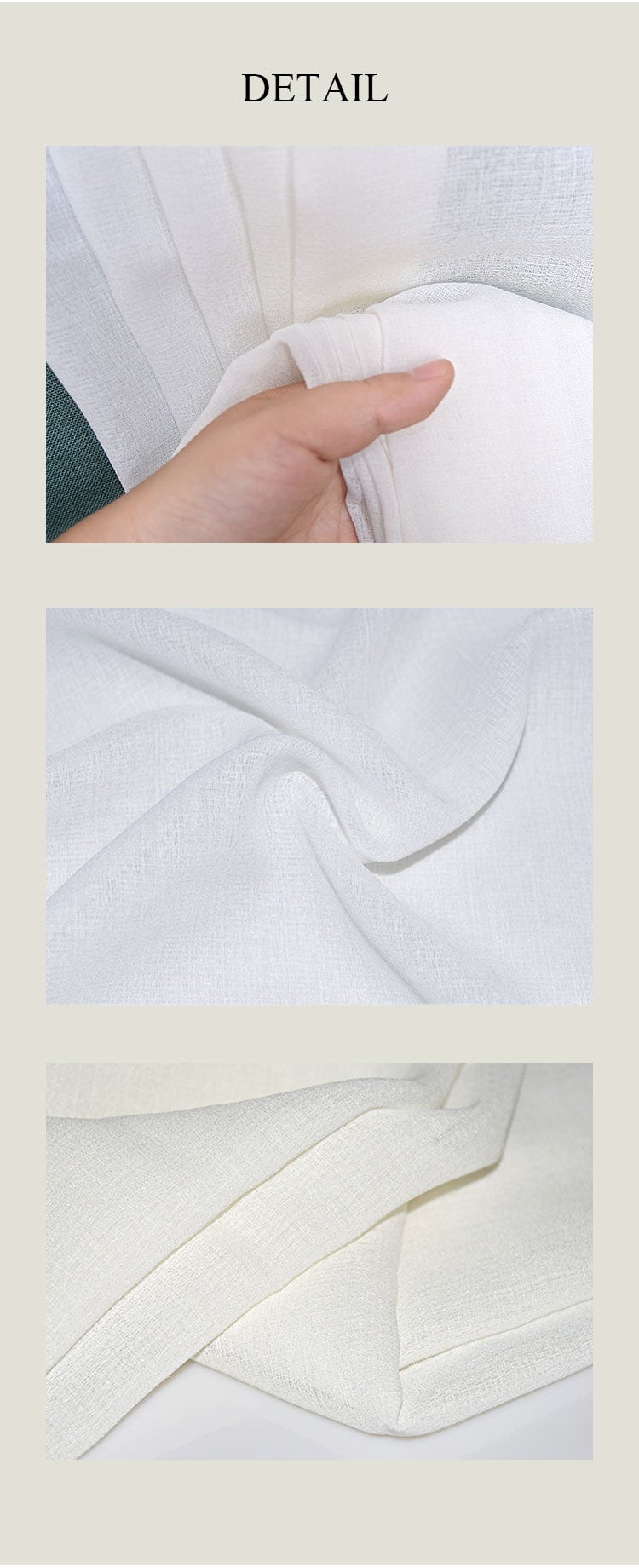 Fabric detail shots showing natural slub texture, breathable weave, and soft drape of Doris textured flame-retardant sheer curtain fabric.