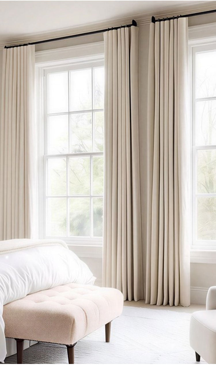 Beige satin curtains in bright bedroom, soft drape and warm neutral tone for elegant window styling