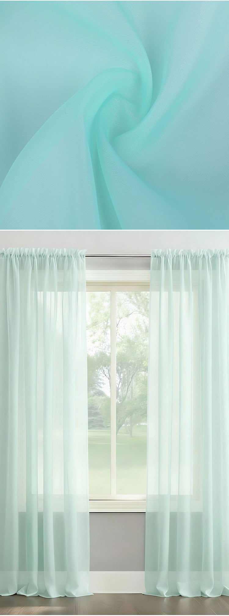 Mint terylene sheer fabric close-up and matching window sheers, breathable voile that softens daylight for comfortable interiors.