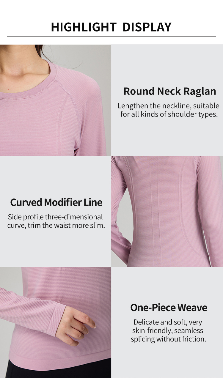 Quick-dry Seamless Slip-Shoulder Long Sleeves Top With Bar Texture Design