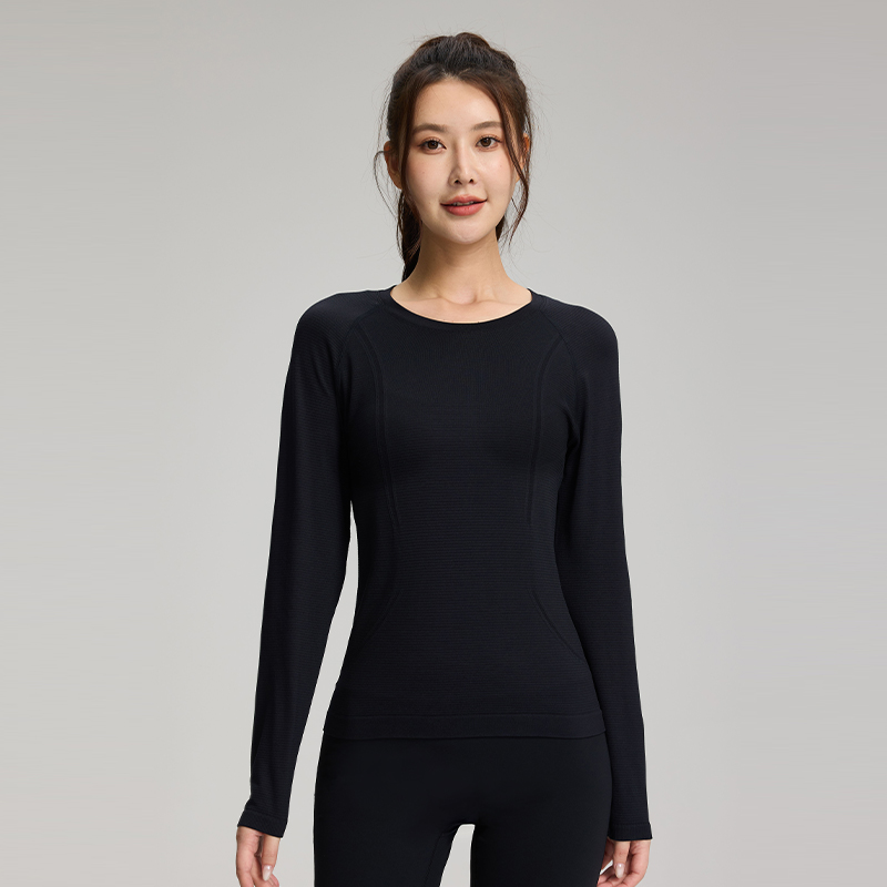 Quick-dry Seamless Slip-Shoulder Long Sleeves Top With Bar Texture Design