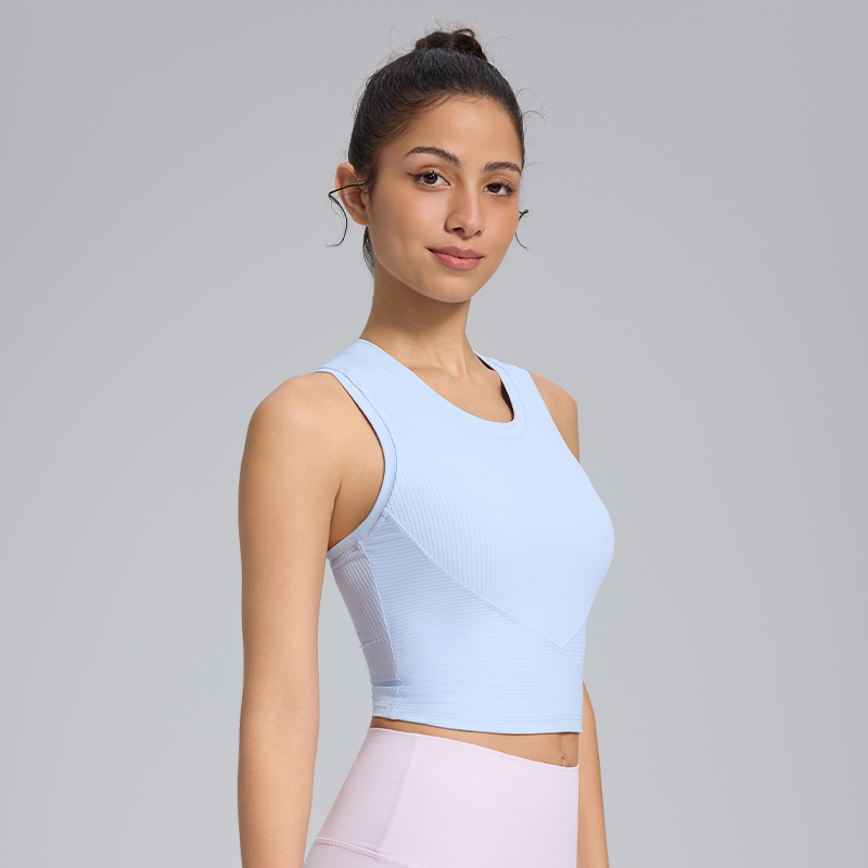 Front Ribbed Cross Lines Design One-Piece Cup Sports Crop Tanks Tops