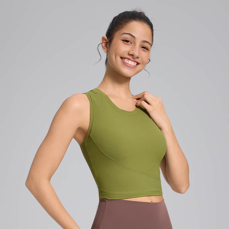 Front Ribbed Cross Lines Design One-Piece Cup Sports Crop Tanks Tops