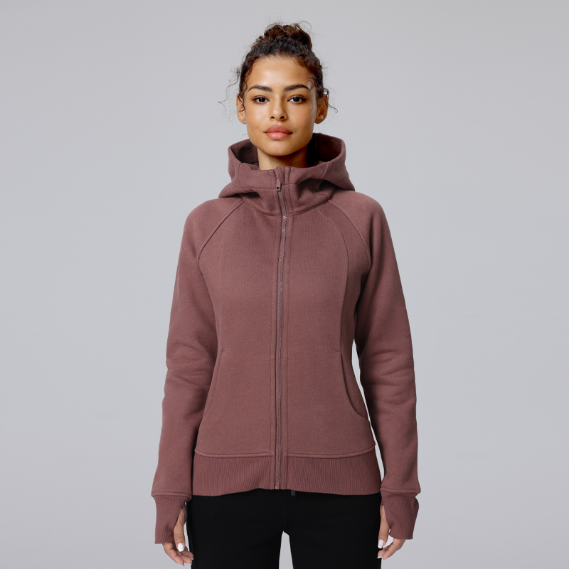 Hooded High-Neck Zip-Up Jacket with Thumb Holes, Trim Fit for Yoga & Outdoor