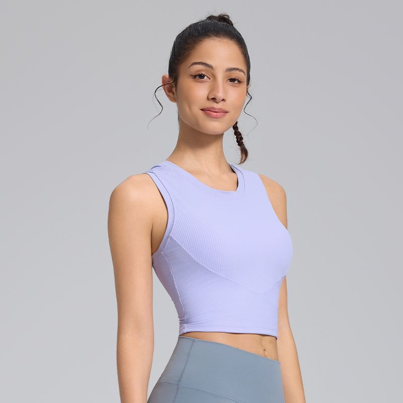 Front Ribbed Cross Lines Design One-Piece Cup Sports Crop Tanks Tops