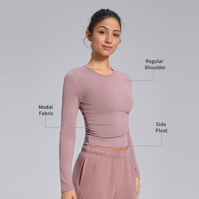 T-shirt décontracté à manches longues, respirant, coupe slim en modal avec plis latéraux, adapté au yoga et à l’entraînement