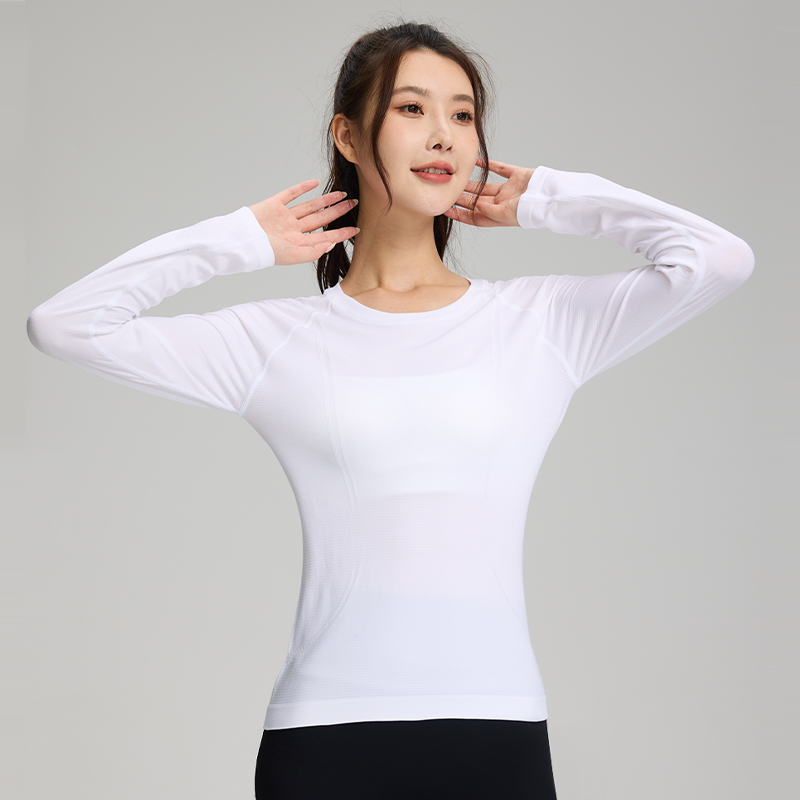 Top con spalle scoperte senza cuciture, a rapida asciugatura, maniche lunghe con texture a barre