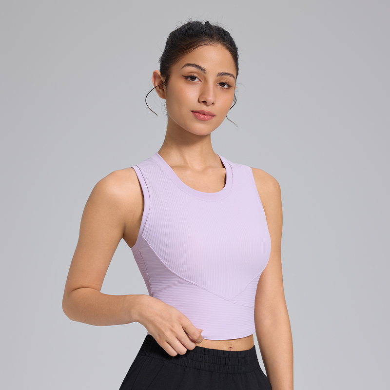 Front Ribbed Cross Lines Design One-Piece Cup Sports Crop Tanks Tops